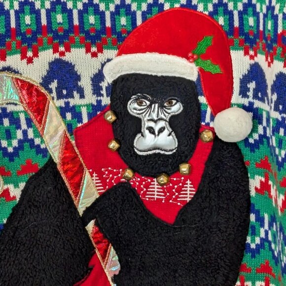 Holiday Time M Unisex L (42-44) | Fair Isle Gorilla Santa Hat Christmas Sweater - Picture 4 of 8